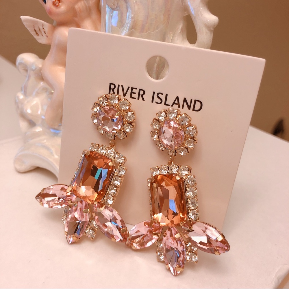 River Island Pink Rhinestone Leaf Earrings